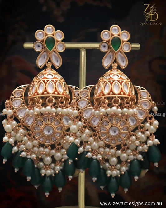 Zevar Designs Designer Earrings Heritage Inspired Jhumki & Chandbali Earrings - Emerald green