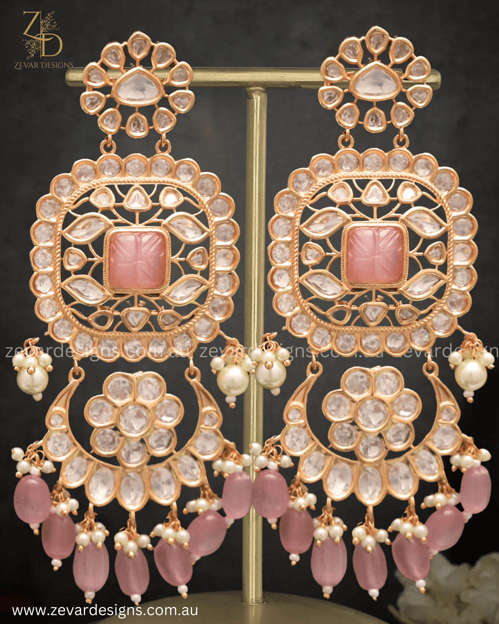 Kundan Polki Chandbali Earrings Pink