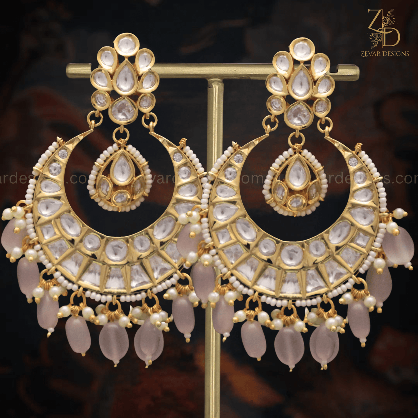 Zevar Designs Designer Kundan Earrings Kundan Polki Chandbali -Pink