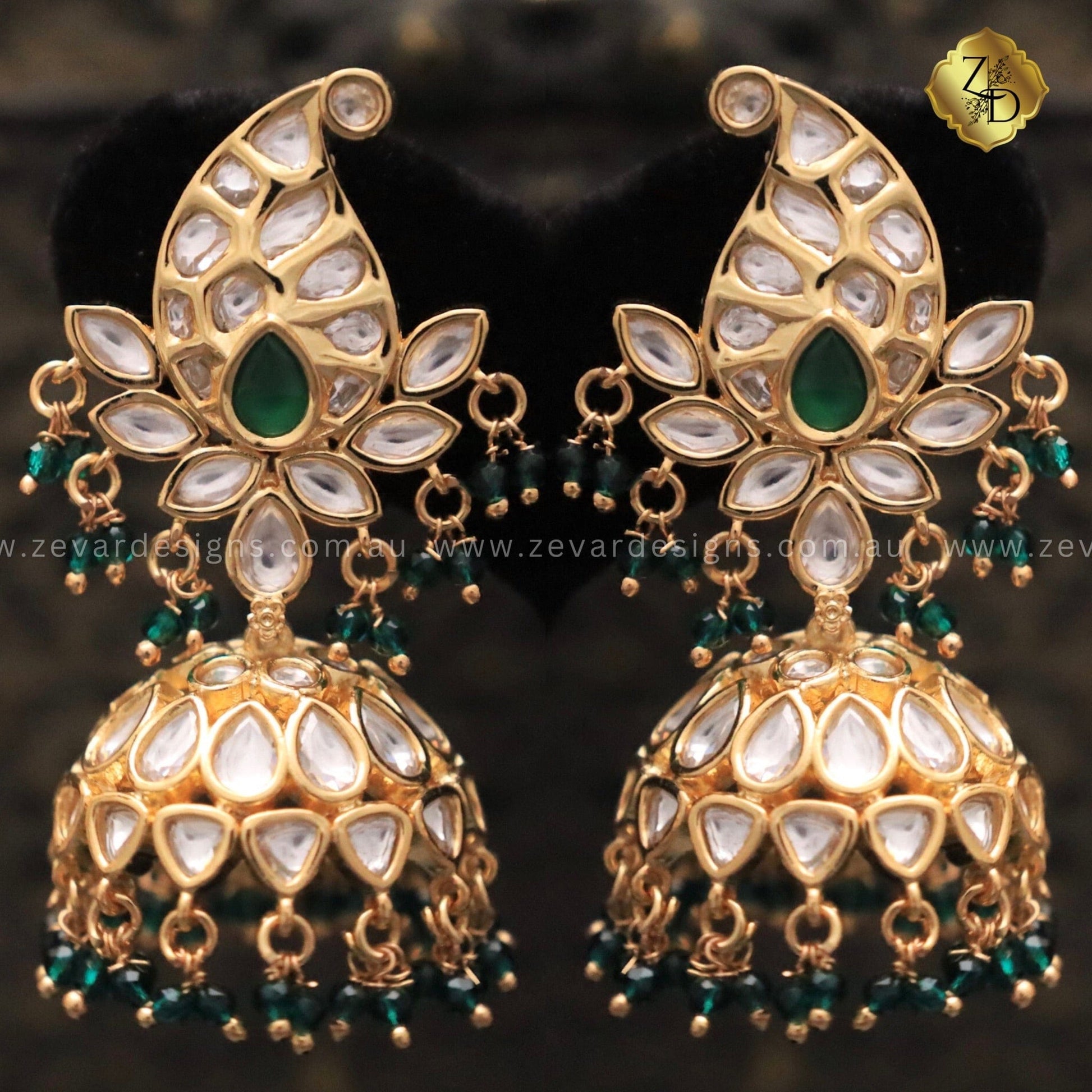 Zevar Designs Kundan Earrings Kundan Polki Jhumki - Emerald Green