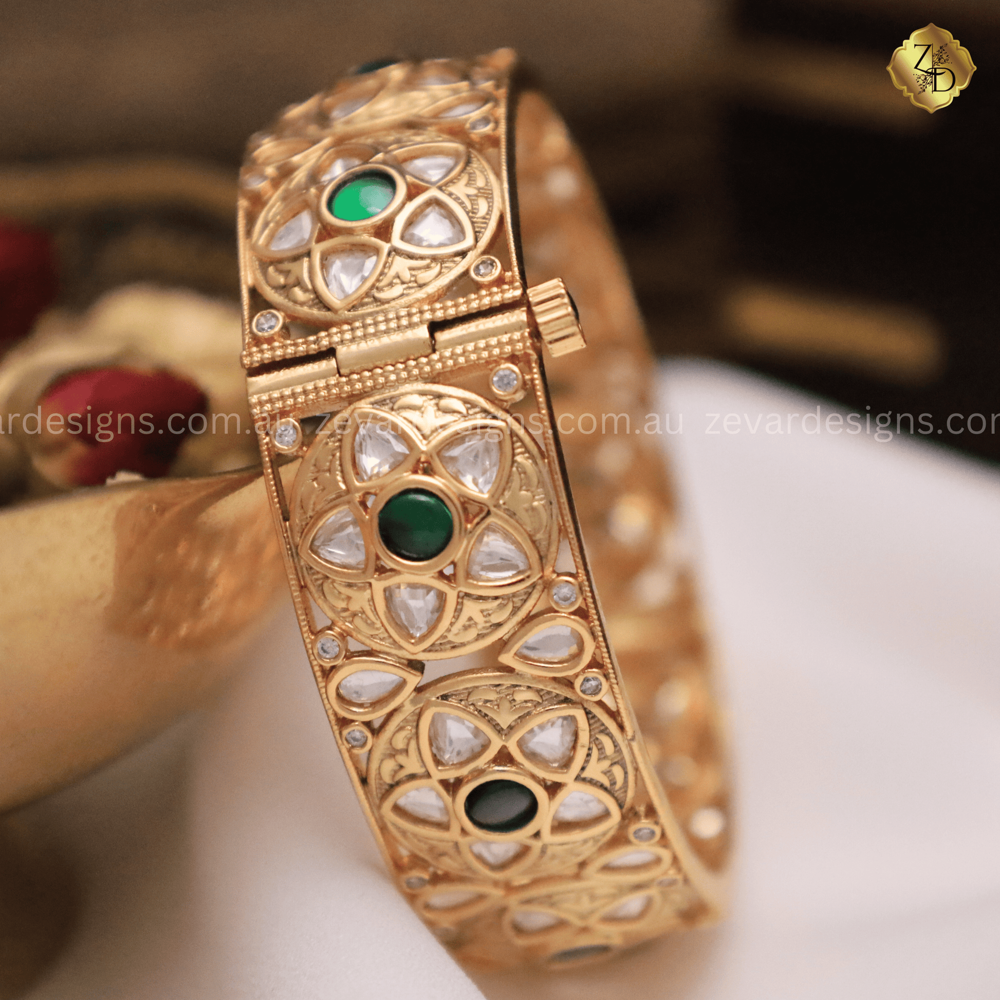 Zevar Designs Kundan Bangles Kundan Polki Kadas - Emerald Green