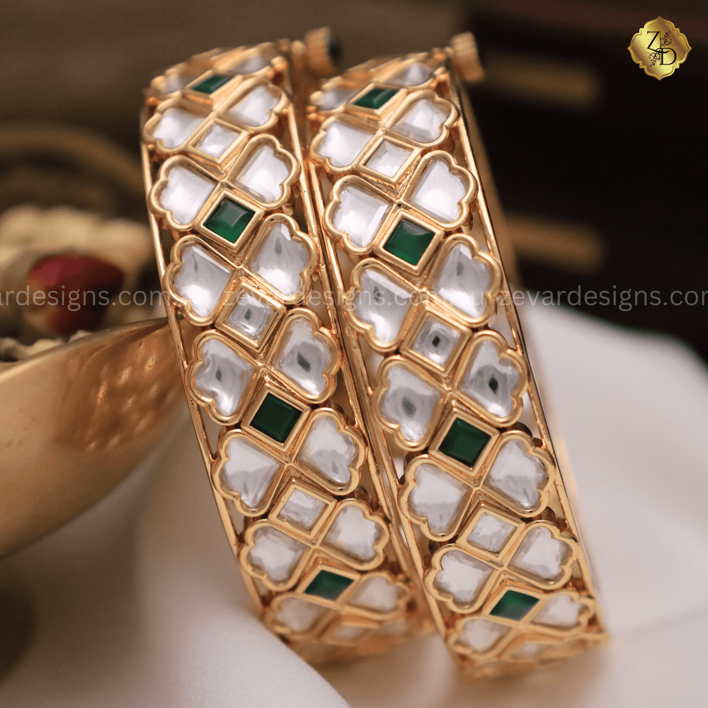 Zevar Designs Kundan Bangles Kundan Polki Kadas - Emerald Green