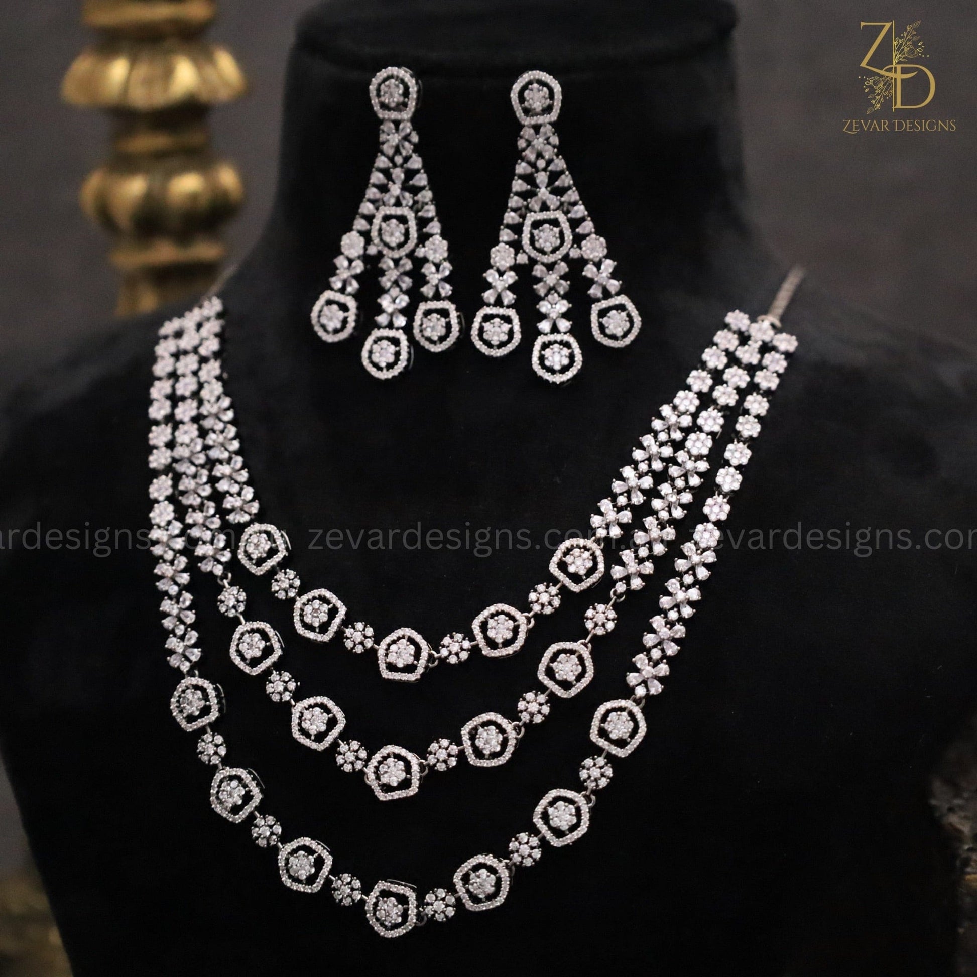 Zevar Designs Necklace Sets - AD Layered AD/Zircon Necklace Set - Black/Silver Finish