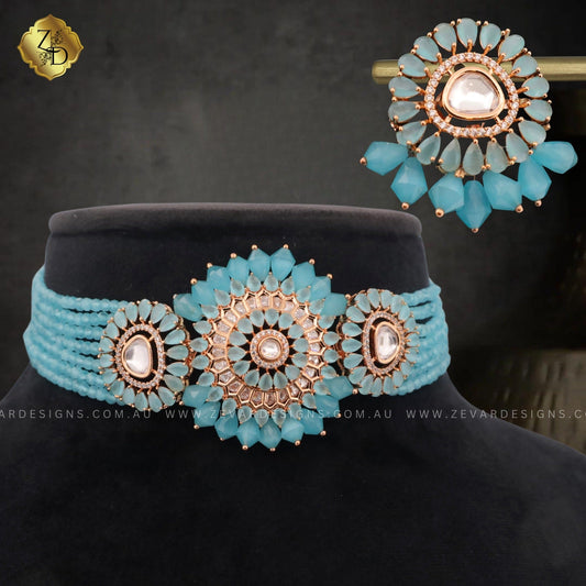 Zevar Designs Necklace Sets Lightweight Polki Choker Set - Ocean Blue