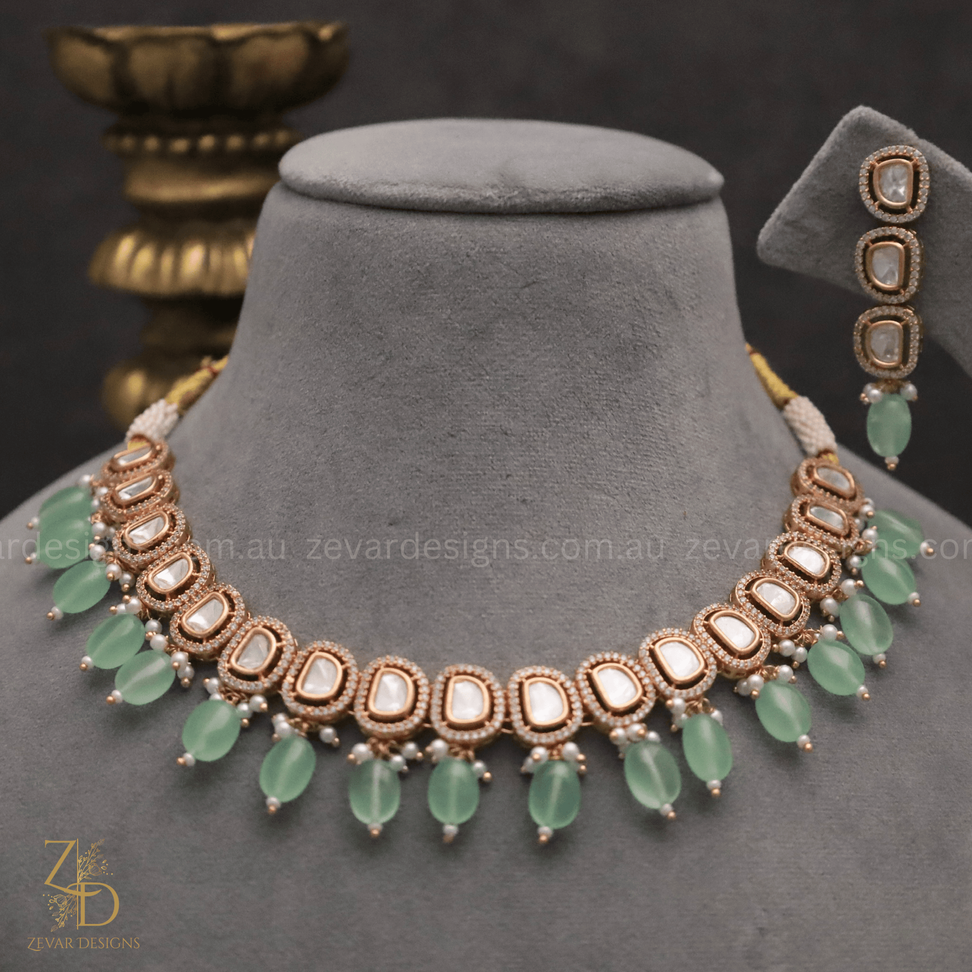 Lightweight Sleek Polki AD Necklace Set Mint Zevar Designs