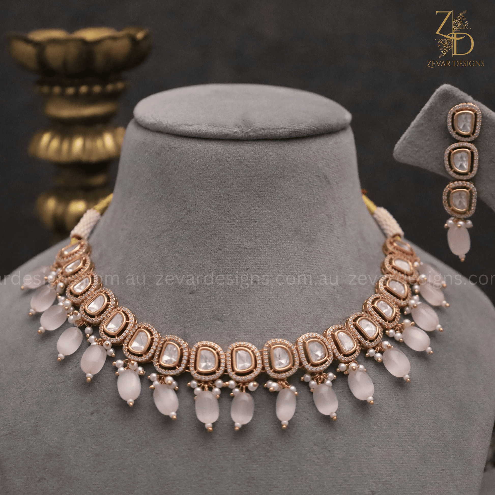 Lightweight Sleek Uncut Polki AD Necklace Set Baby Pink Zevar