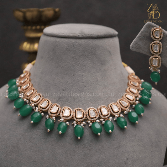 Zevar Designs Necklace Sets Lightweight Sleek Uncut Polki AD Necklace Set - Emerald green