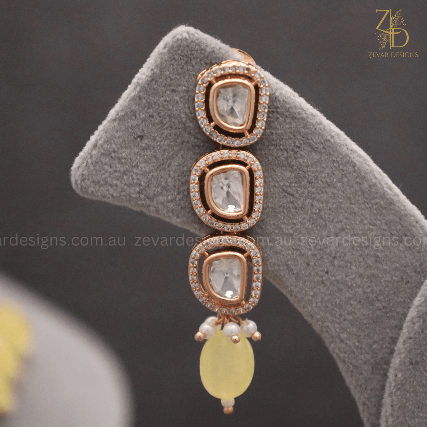 Zevar Designs Necklace Sets Lightweight Sleek Uncut Polki AD Necklace Set - Pastel yellow