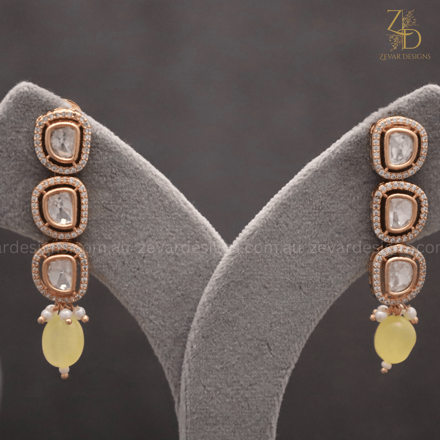 Zevar Designs Necklace Sets Lightweight Sleek Uncut Polki AD Necklace Set - Pastel yellow