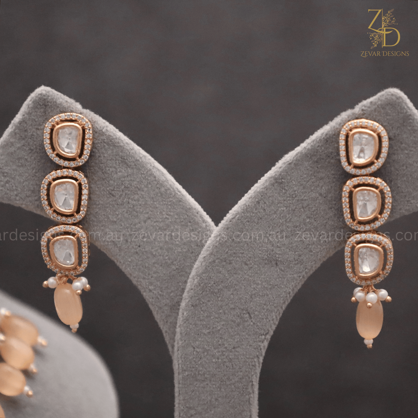 Zevar Designs Necklace Sets Lightweight Stylish Uncut Polki AD Necklace Set - Peach