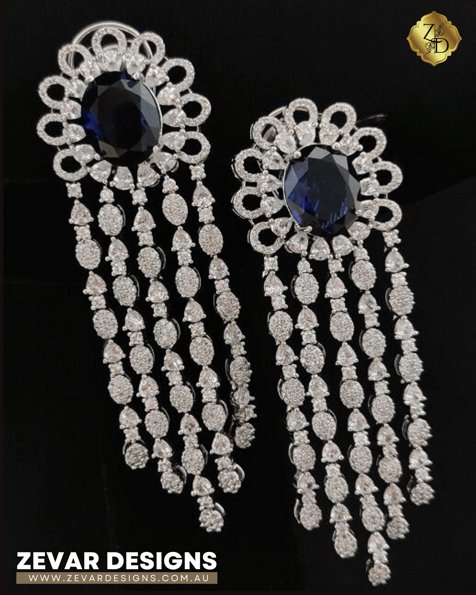 Zevar Designs Indo-Western Earrings Long Dangle AD Earrings -Sapphire Blue