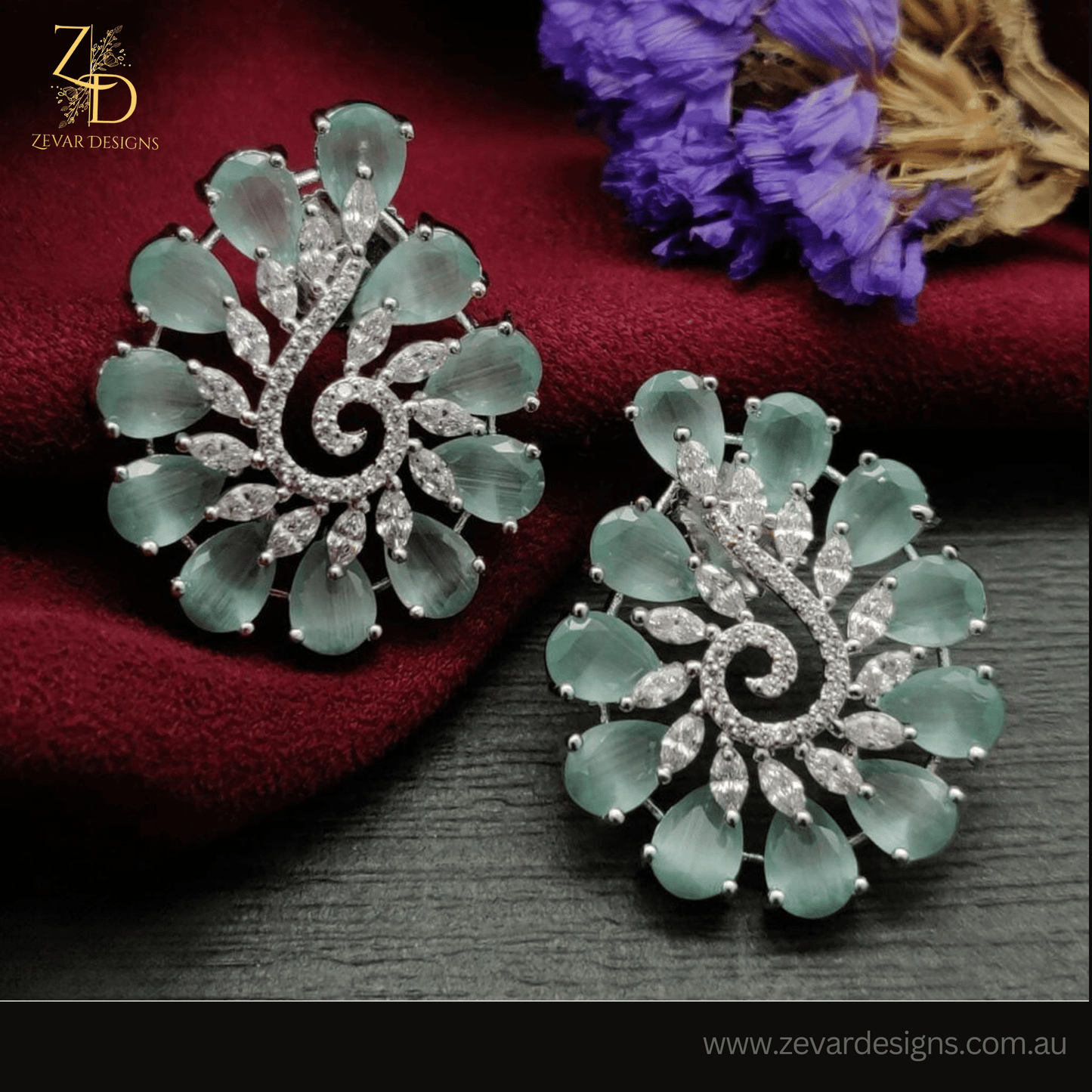 Zevar Designs Indo-Western Earrings Mint AD Studs