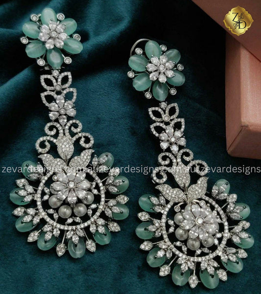 Zevar Designs Indo-Western Earrings Mint AD/ZIRCONIA STUDDED DROP EARRINGS