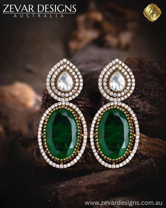 Zevar Designs Fusion-Amrapali Moissanite & Doublet Earrings - Emerald green