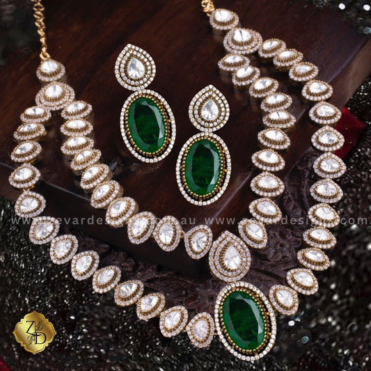 Zevar Designs Long Necklace Sets Moissanite & Doublet Layered Necklace Set - Emerald Green