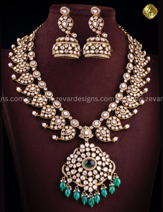 Zevar Designs Long Necklace Sets Moissanite Victorian Long Set - Emerald Green