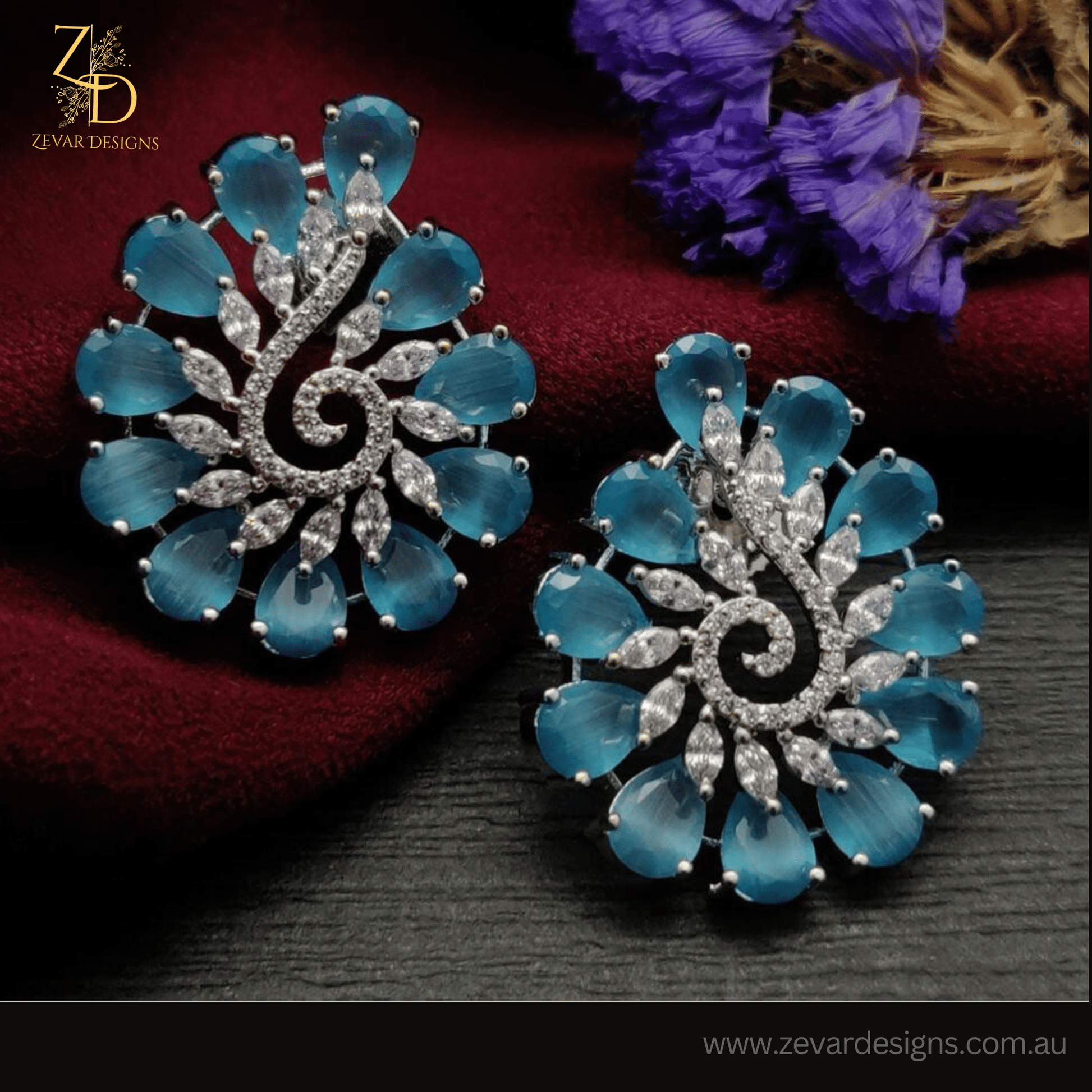 Zevar Designs Indo-Western Earrings Ocean Blue AD Studs