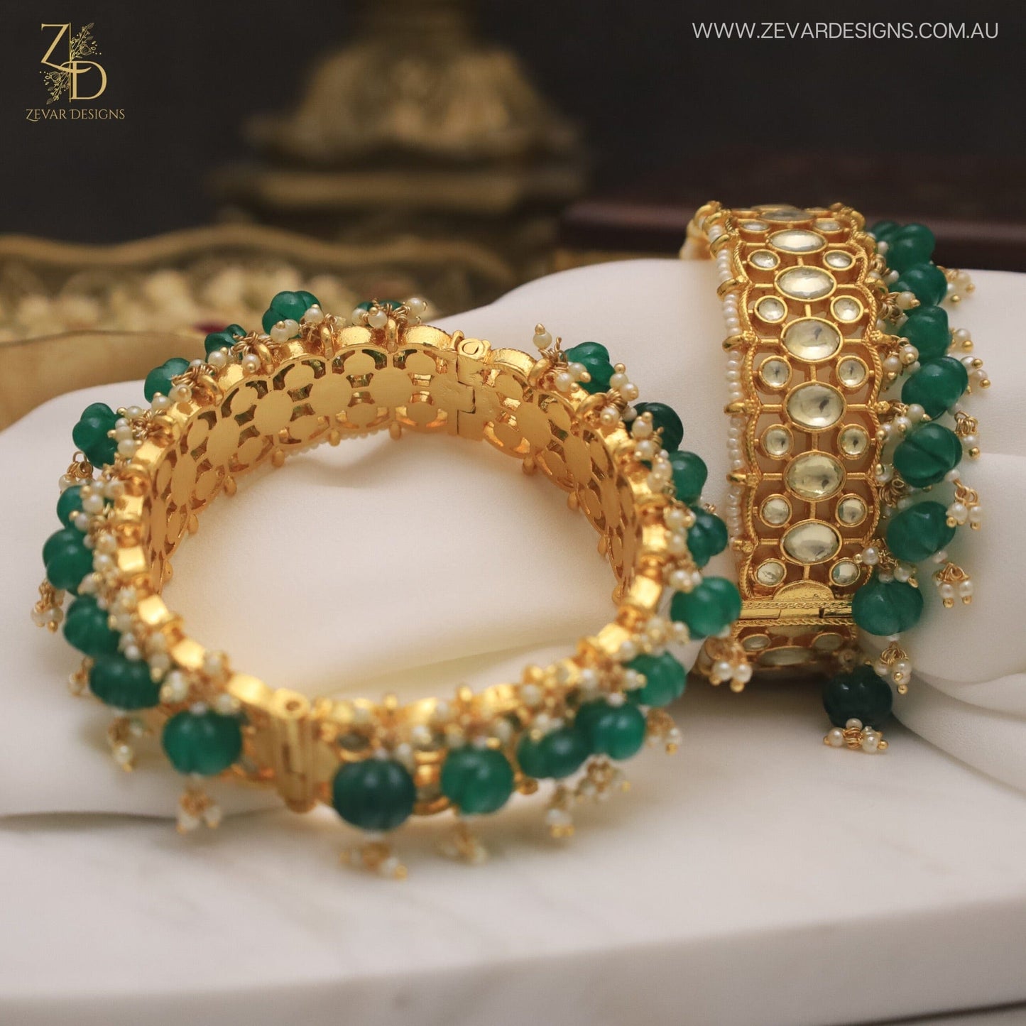 Zevar Designs Kundan Bangles Pachi Kundan Bangles - Emerald Green