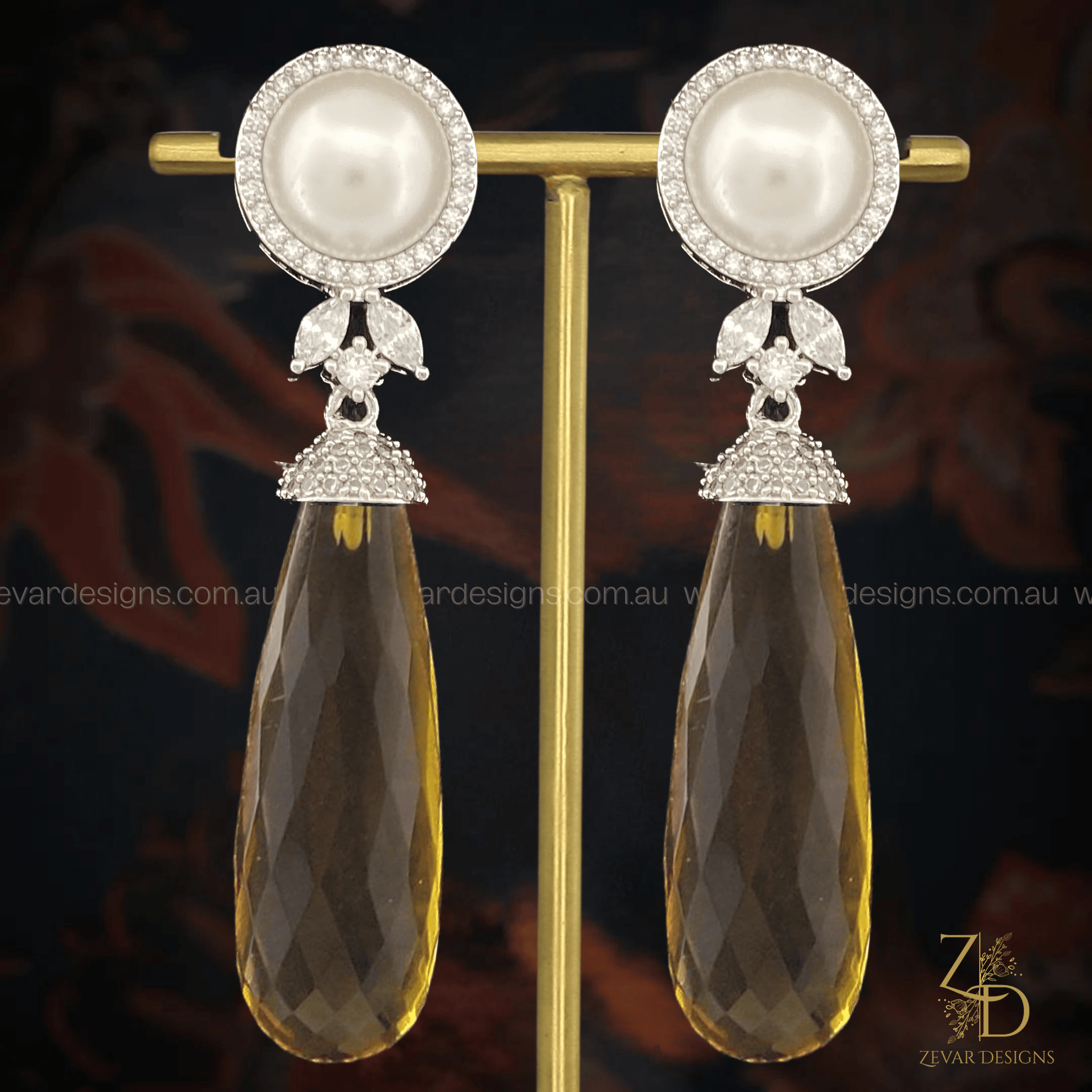 Zevar Designs Indo-Western Earrings Pearl & AD Dangle Earrings