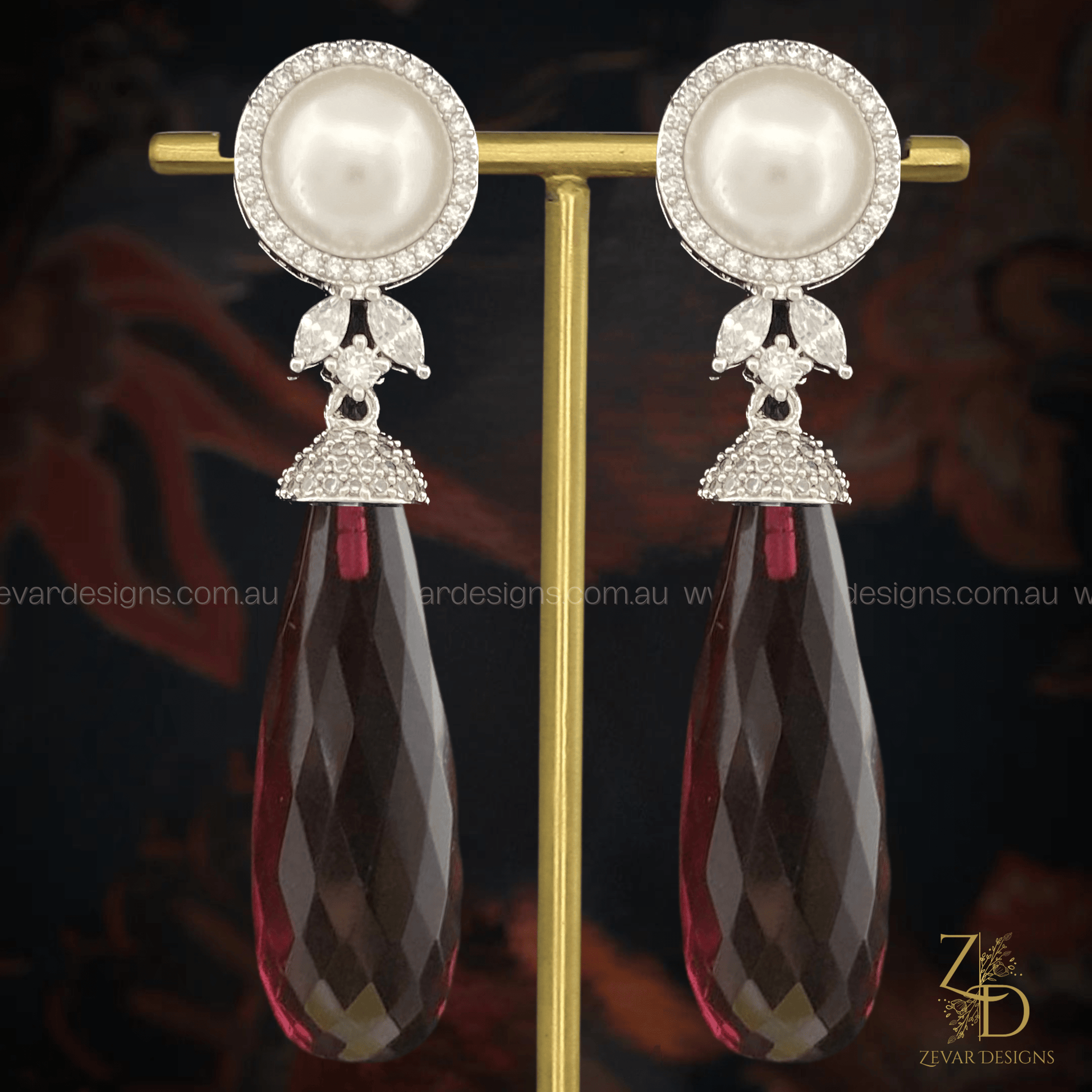 Zevar Designs Indo-Western Earrings Pearl & AD Drop Earrings - Crystal Red