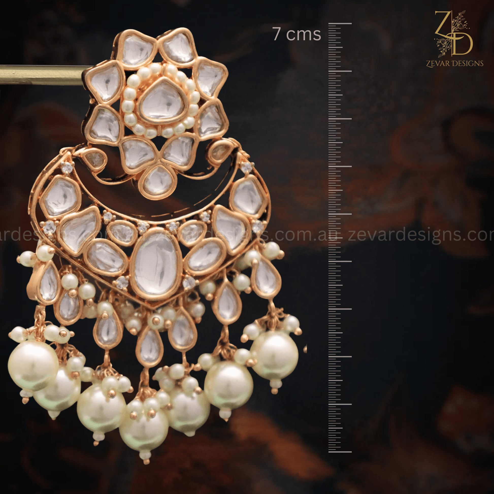 Zevar Designs Designer Kundan Earrings Pearls Chandbali - Uncut Polki