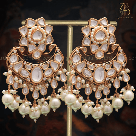 Zevar Designs Designer Kundan Earrings Pearls Chandbali - Uncut Polki