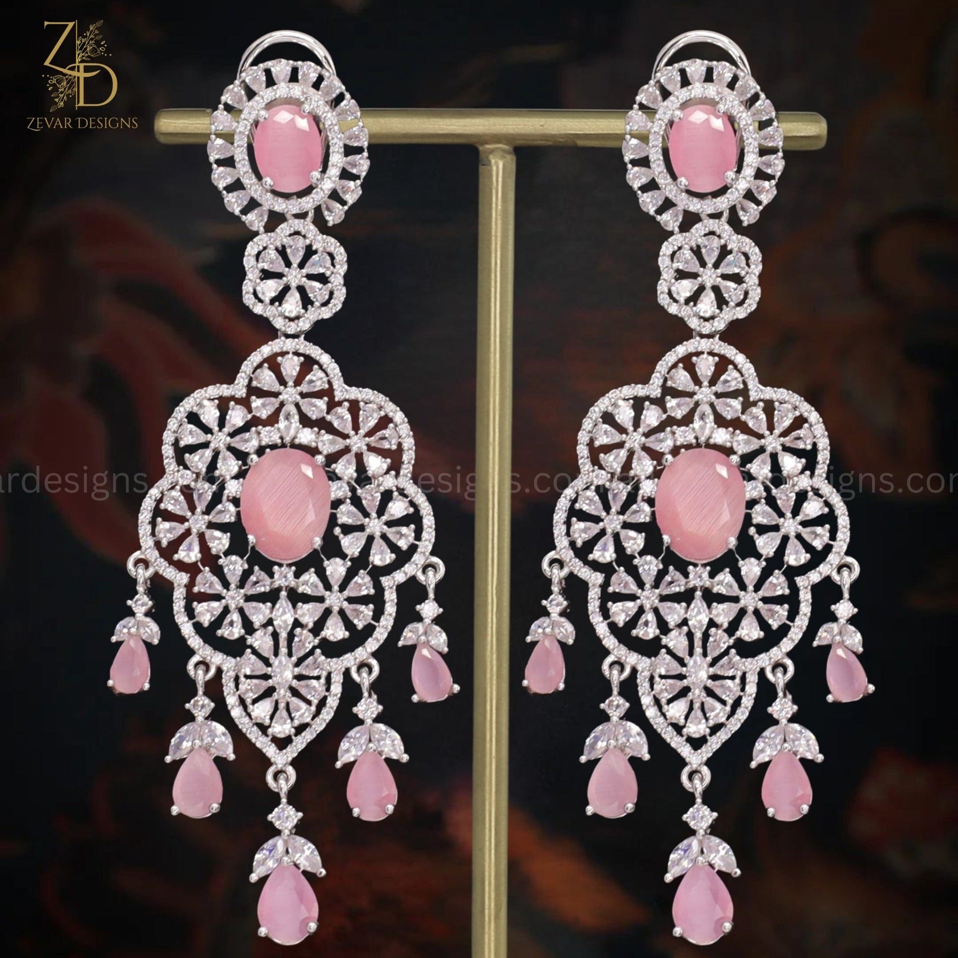Zevar Designs Indo-Western Earrings Pink Designer AD Earrings