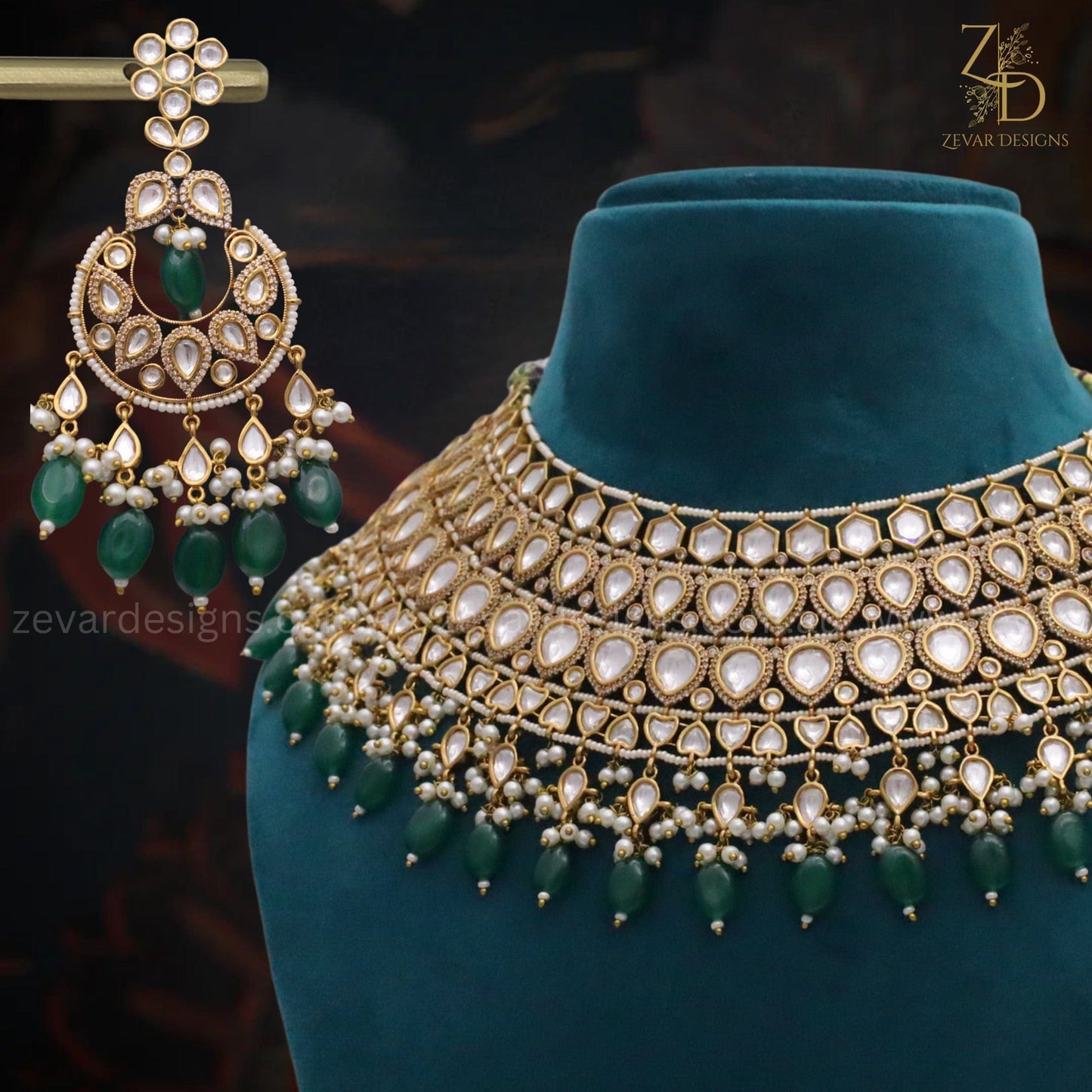 Zevar Designs Designer Necklace Sets Polki & AD Necklace set with Emerald green drops - Mehndi Finish