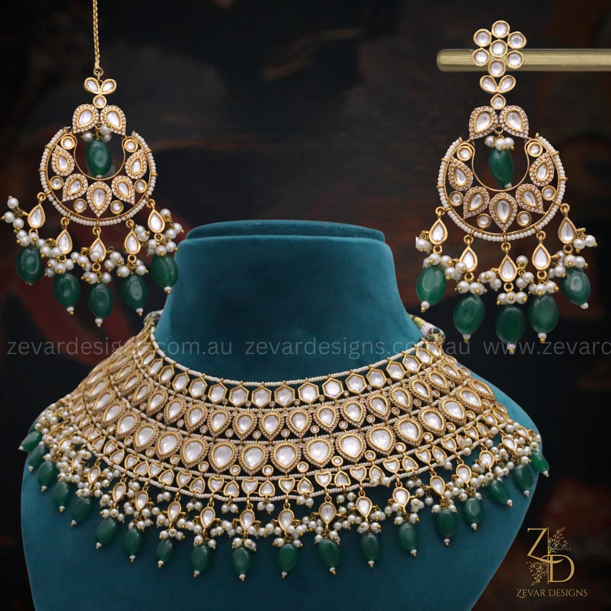 Zevar Designs Designer Necklace Sets Polki & AD Necklace set with Emerald green drops - Mehndi Finish