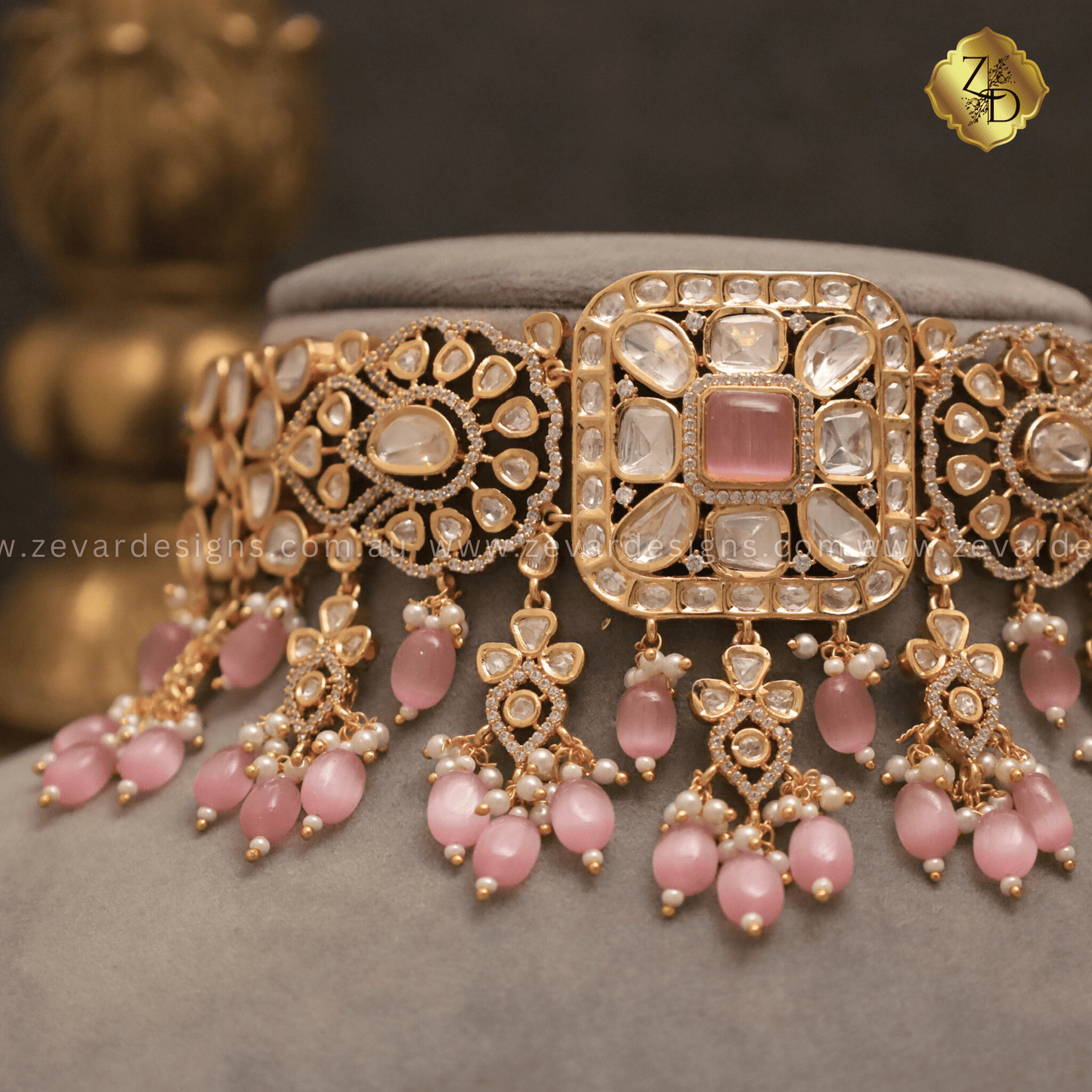 Zevar Designs Designer Necklace Sets Polki Choker Set - Pink