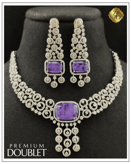 Zevar Designs Necklace Sets - AD Premium ‘Doublet’ AD Necklace Set - Purple