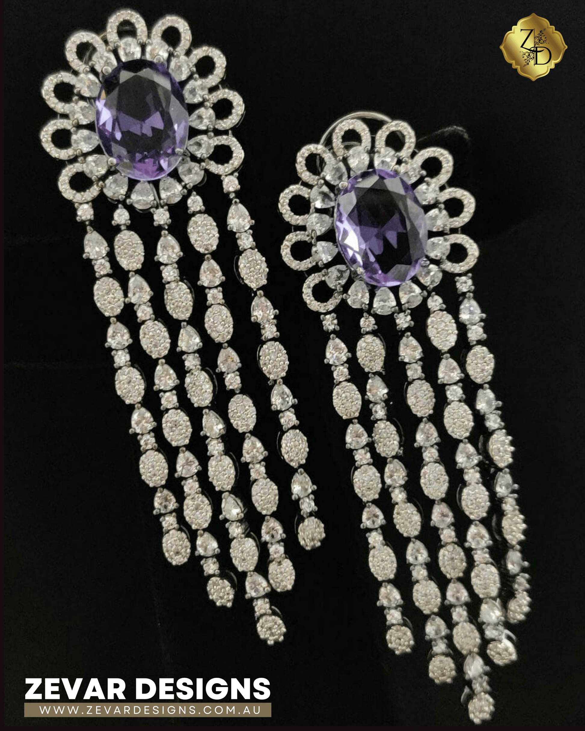 Zevar Designs Indo-Western Earrings Purple Long Dangle AD Earrings - Dual Finish