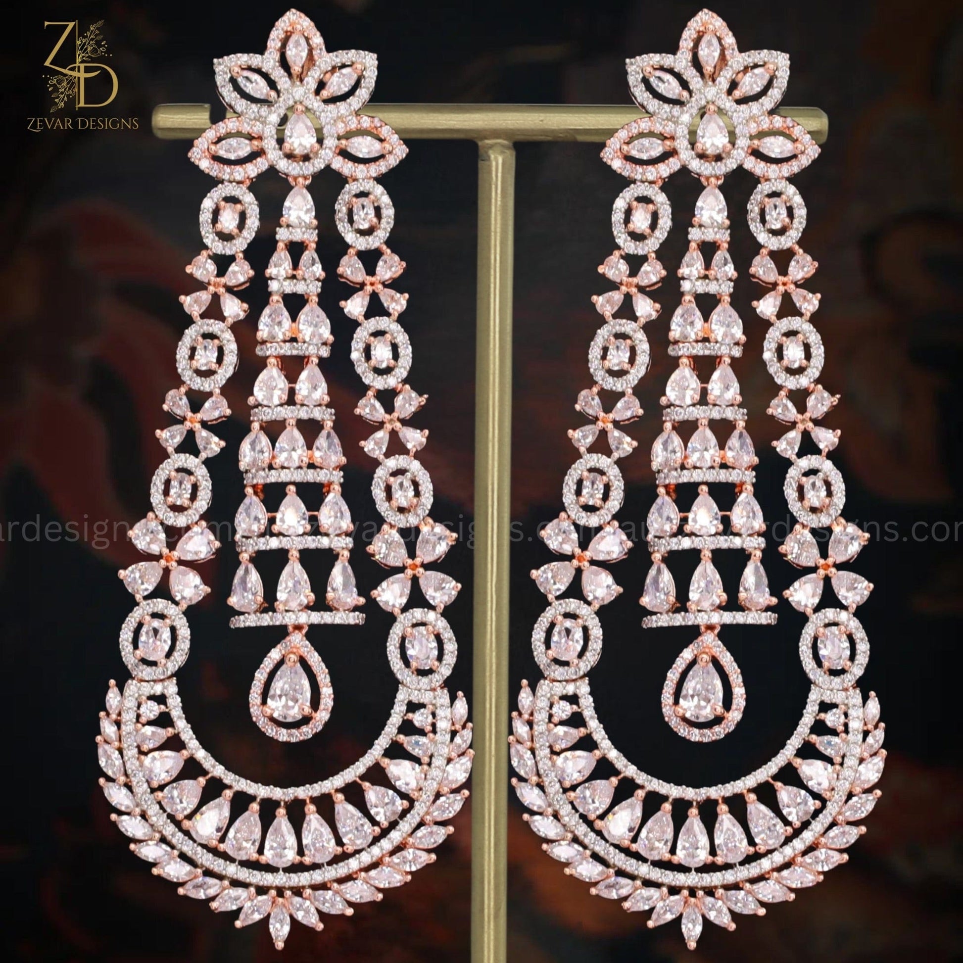 Zevar Designs Indo-Western Earrings Rose Gold American Diamond Earrings