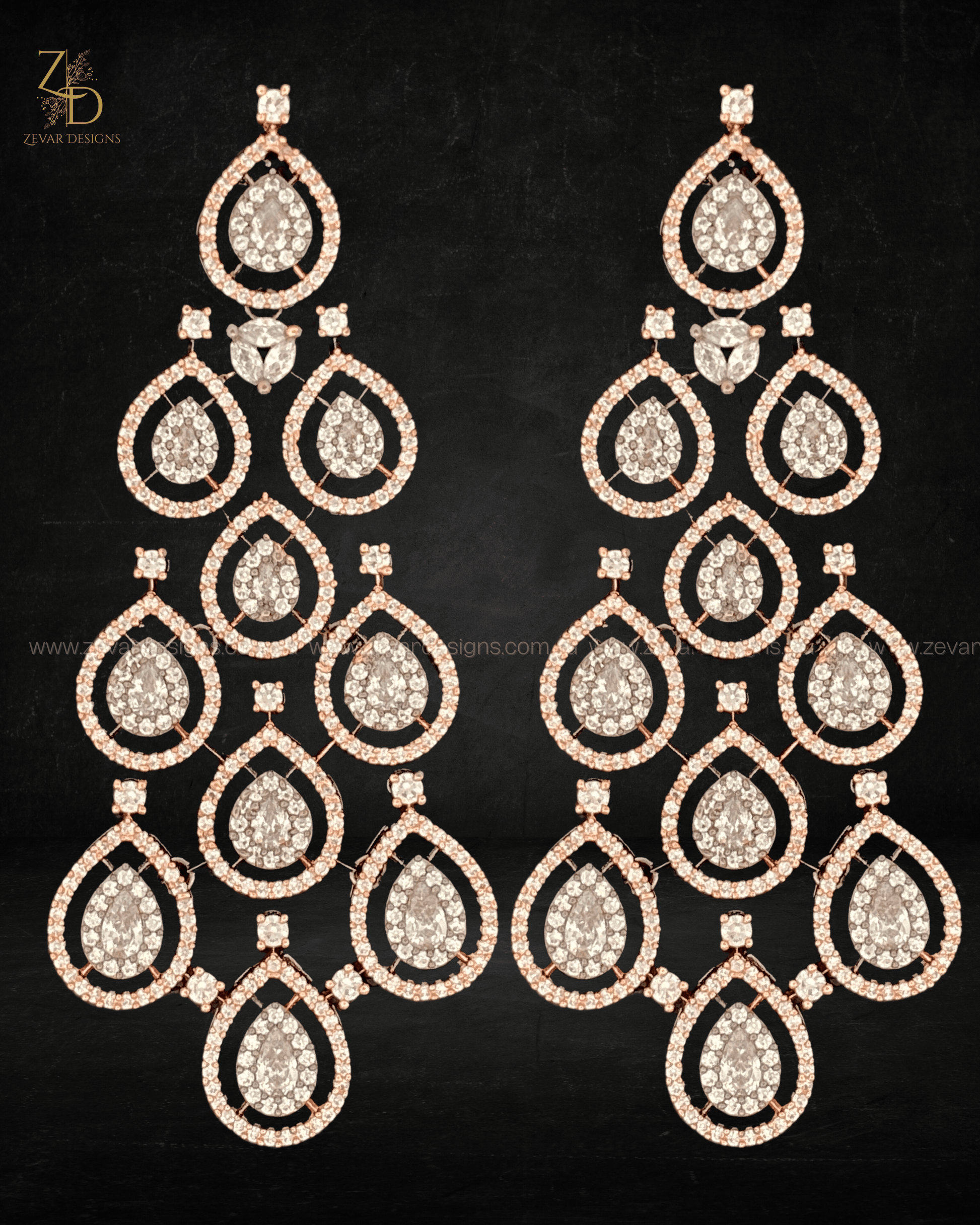 Zevar Designs Indo-Western Earrings Rose Gold/Black Finish AD Earrings