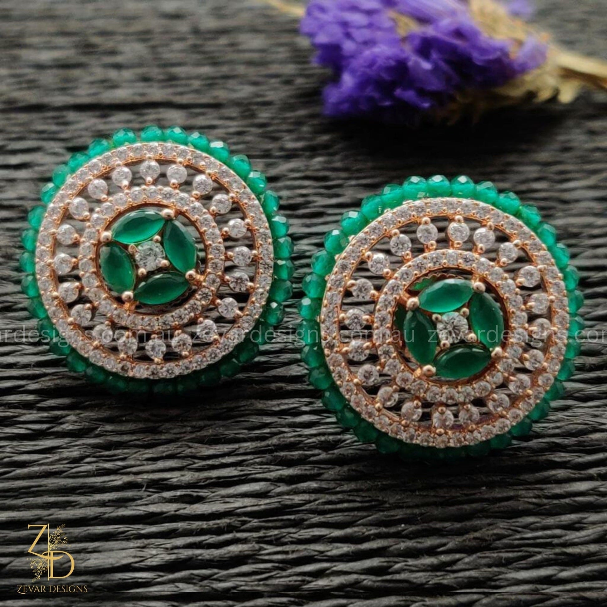 Zevar Designs Indo-Western Earrings Rose Gold Green Studs
