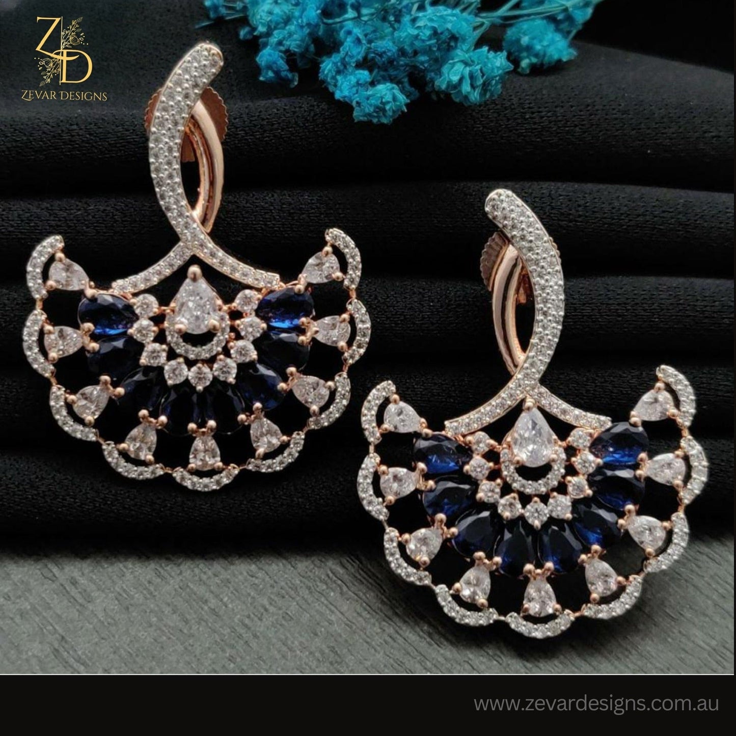 Zevar Designs Indo-Western Earrings Sapphire Blue AD Earrings - Rose Gold Finish