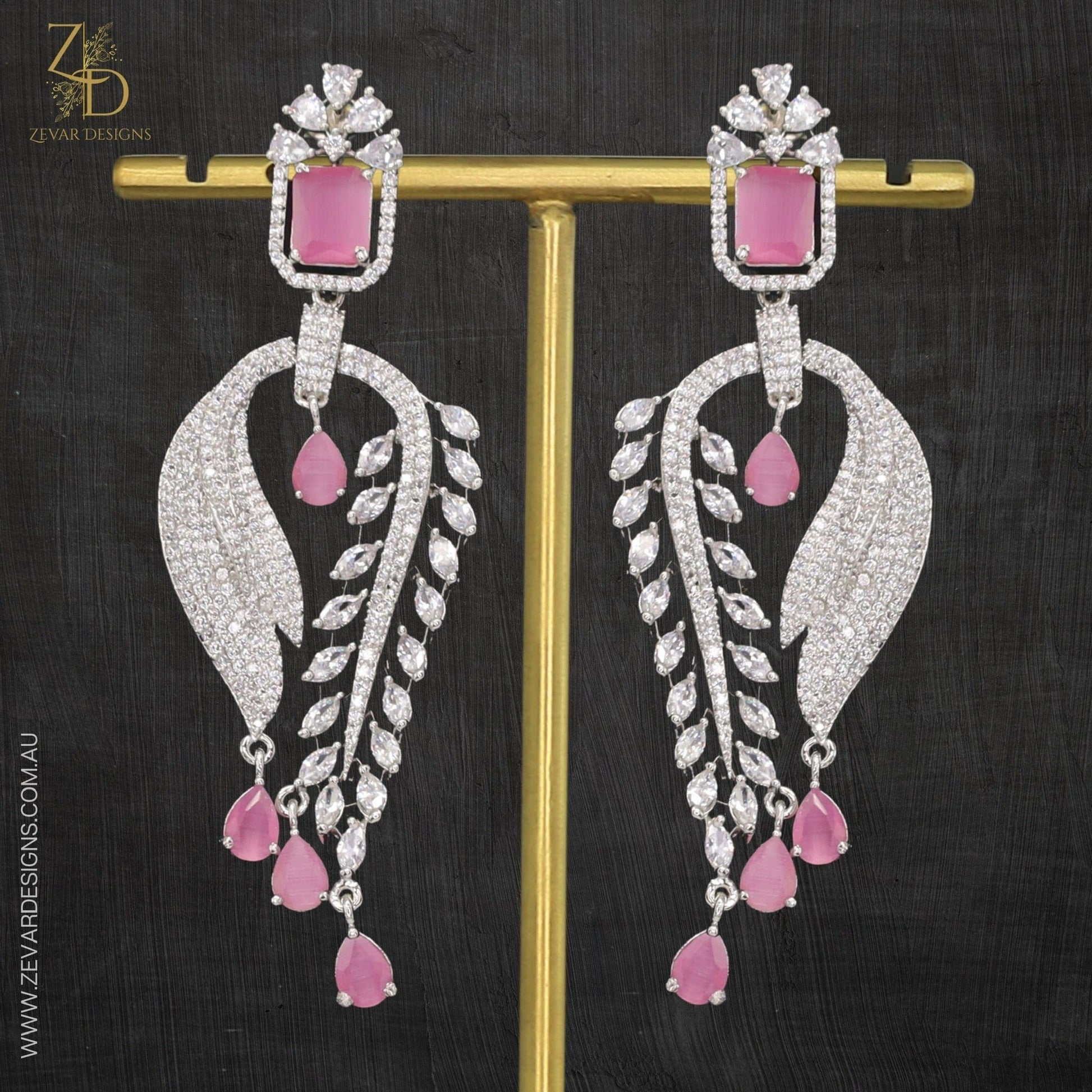 Zevar Designs Indo-Western Earrings Silver Finish AD Earrings - Pink stone