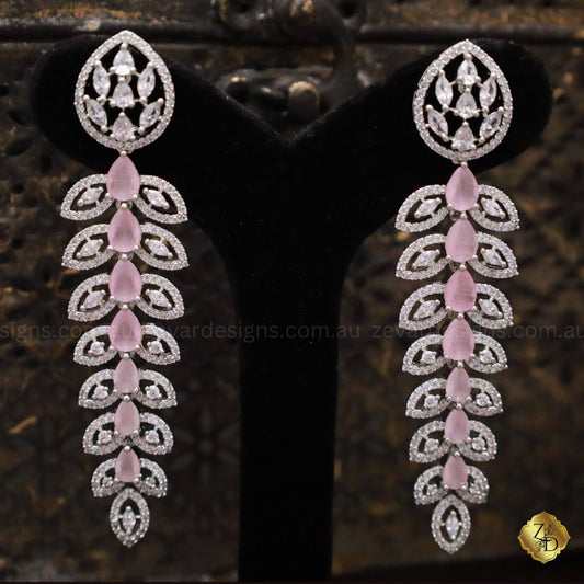 Zevar Designs Indo-Western Earrings Silver Finish AD Earrings - Pink stone