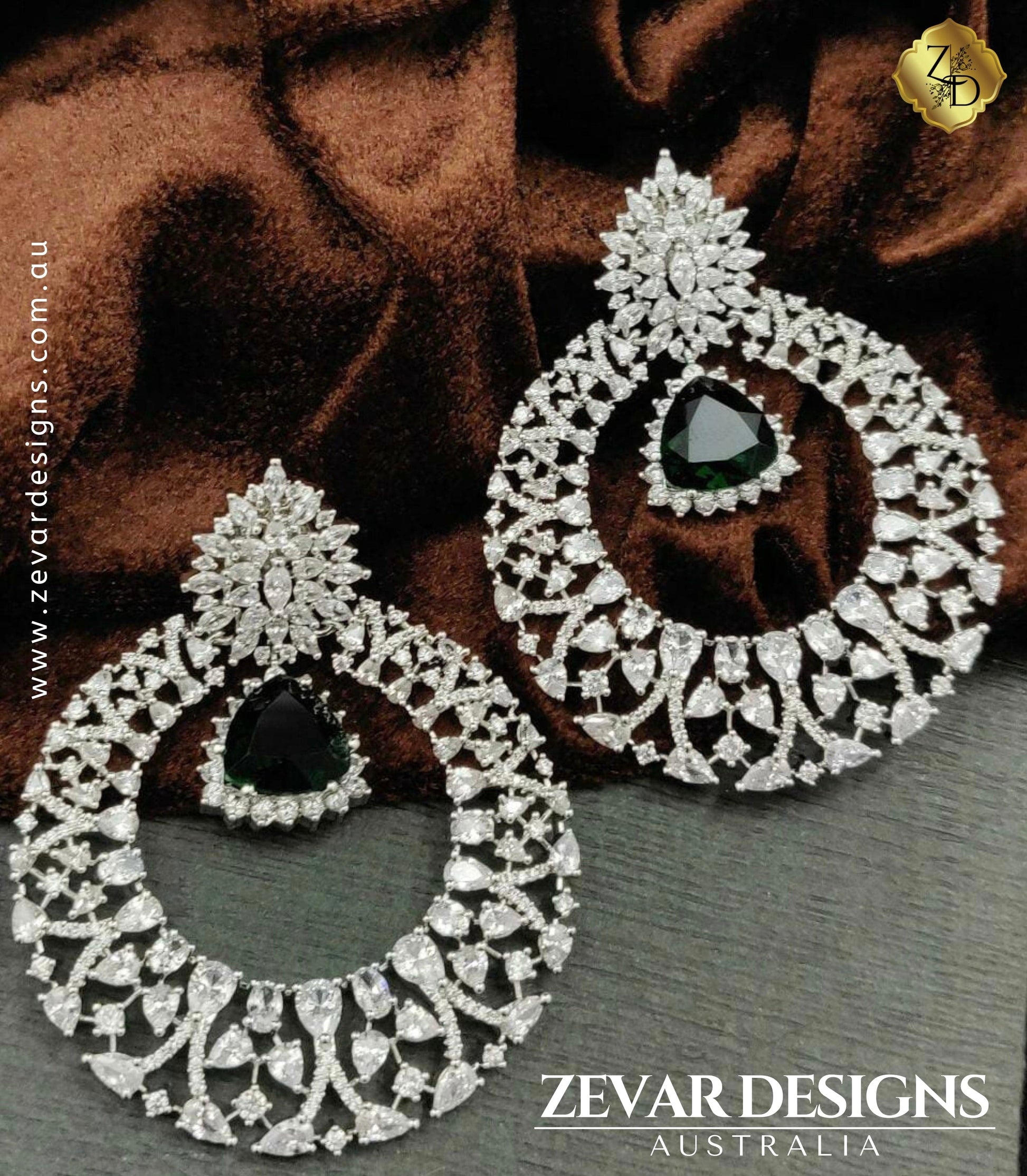 Zevar Designs Indo-Western Earrings Statement AD Chandbali - Crystal Emerald Green