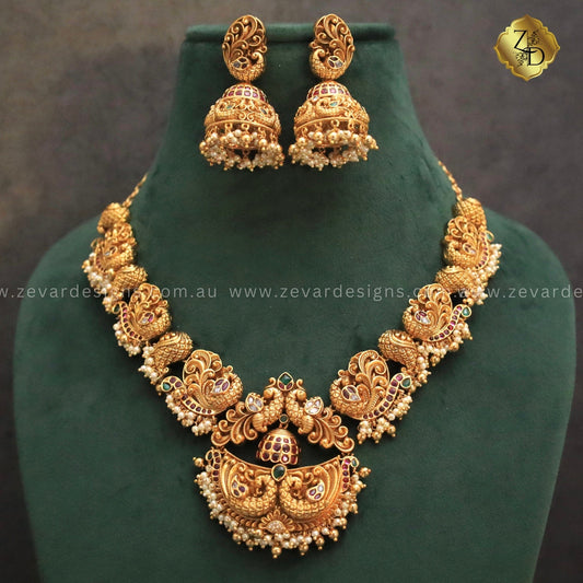 Zevar Designs South Indian Temple Jadau South Indian Style Long Necklace Set with Jhumki