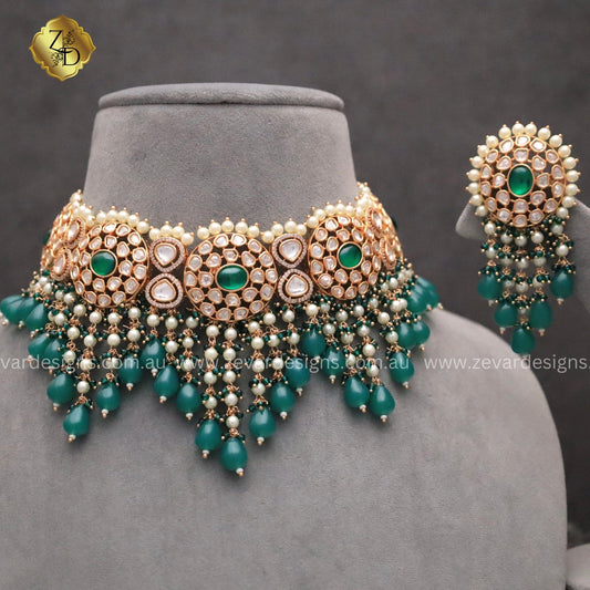 Zevar Designs Designer Necklace Sets ‘TYAANI’ inspired Polki Choker Set - Emerald Green
