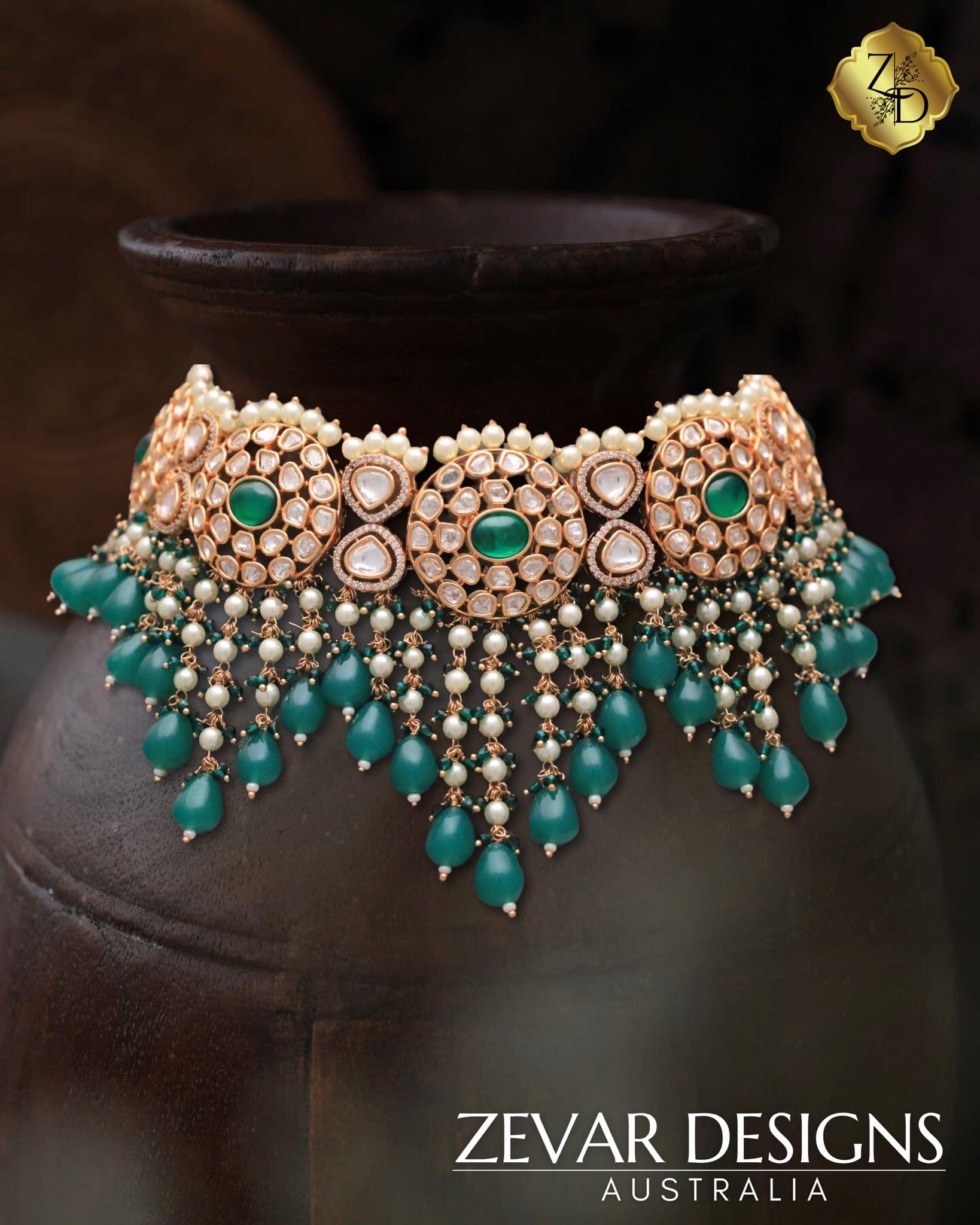 'TYAANI' inspired Polki Choker Set Emerald Green