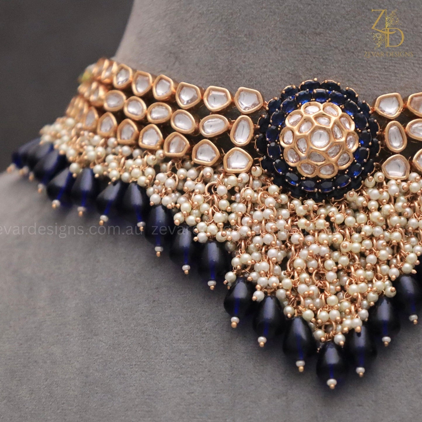 Zevar Designs Designer Necklace Sets TYAANI inspired Polki Choker Set -Sapphire Blue