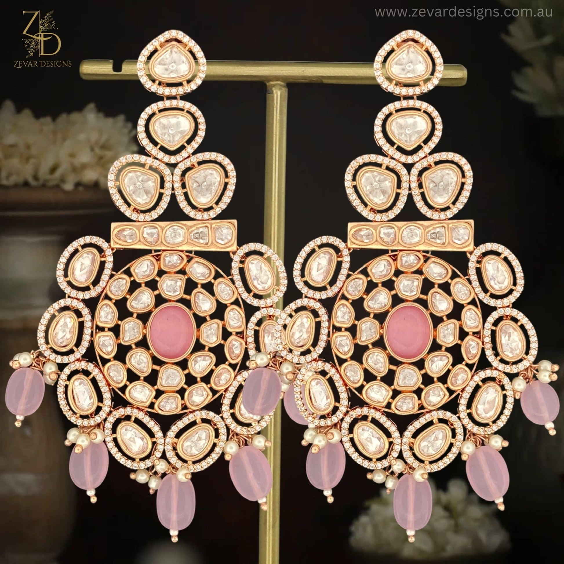 Zevar Designs Maang Tikka Set Uncut Polki & AD Maang Tikka Set - Pink