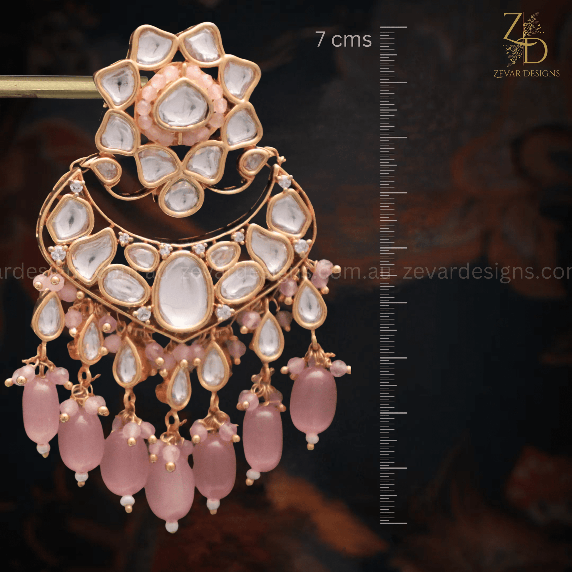 Zevar Designs Designer Kundan Earrings Uncut Polki Chandbali - Pink