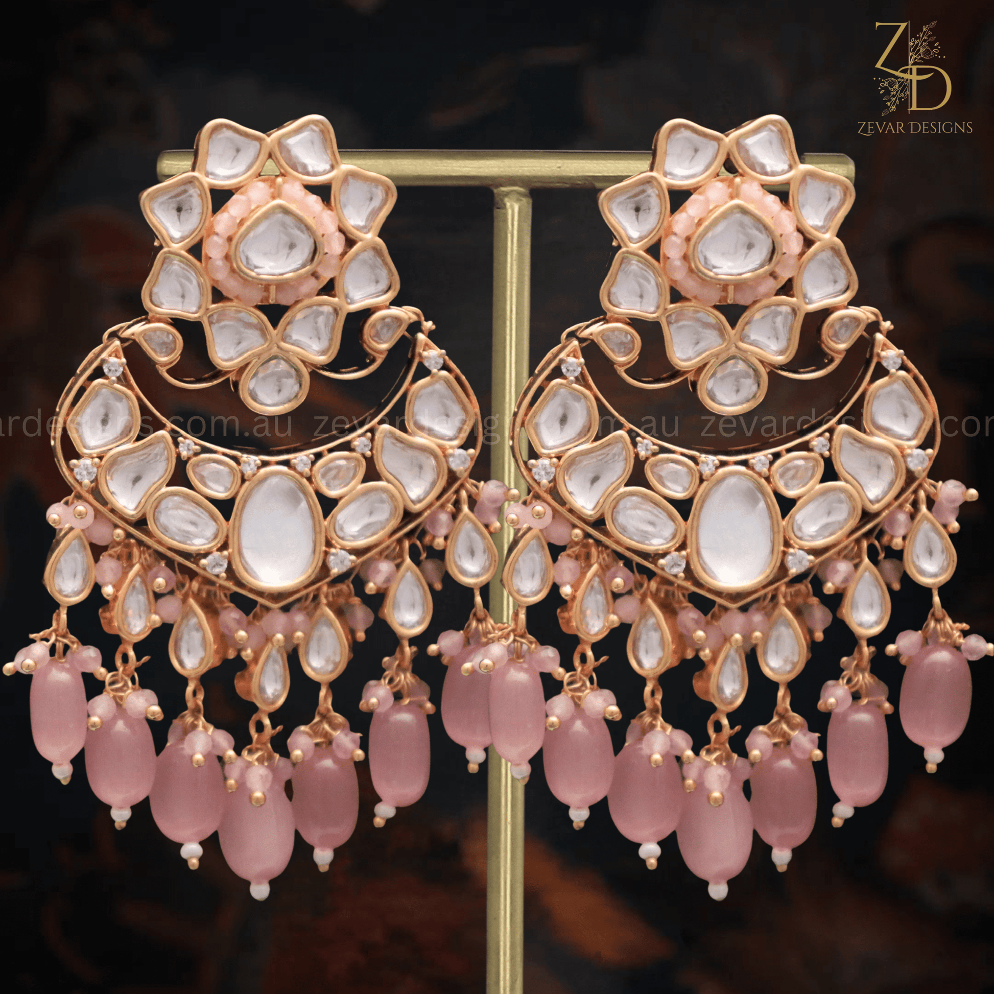 Zevar Designs Designer Kundan Earrings Uncut Polki Chandbali - Pink