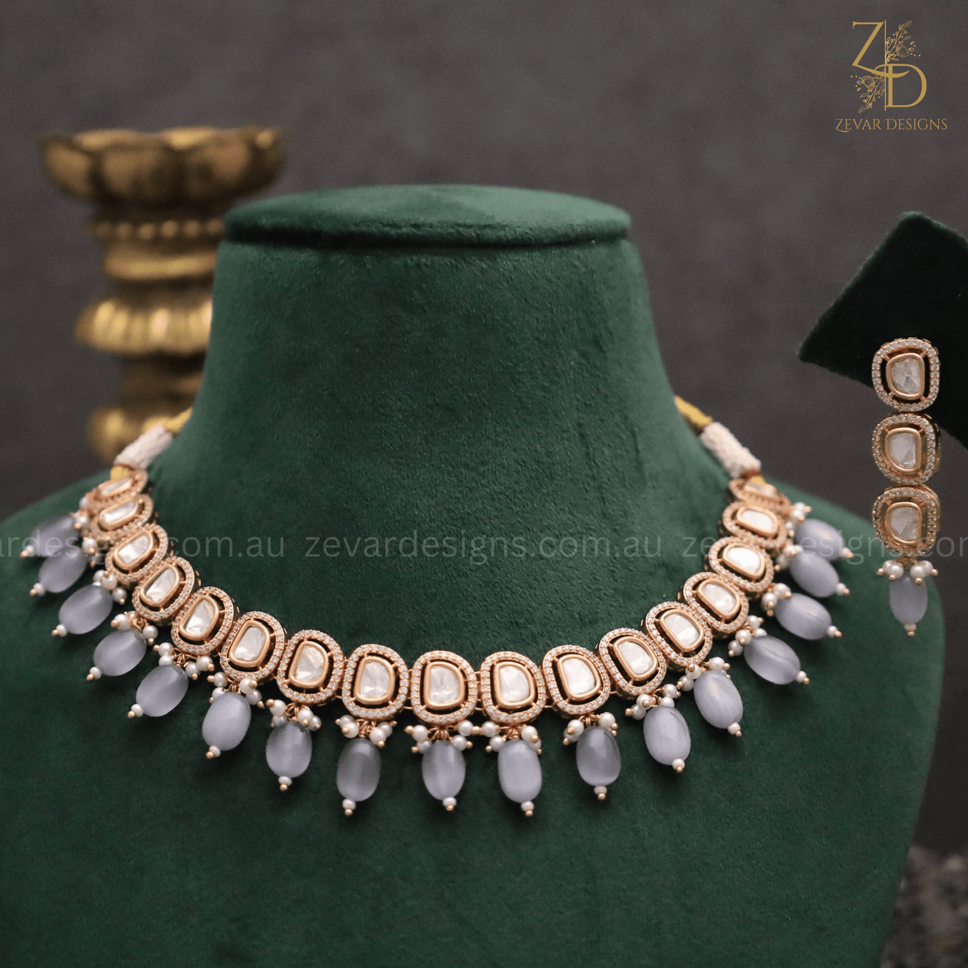 Uncut Polki Lightweight Stylish AD Necklace Set Grey