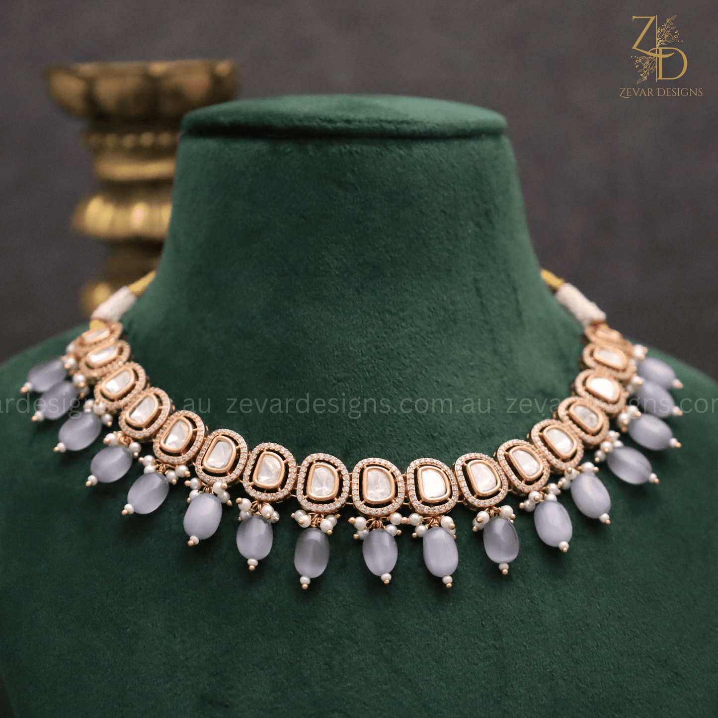 Zevar Designs Necklace Sets Uncut Polki Lightweight & Stylish AD Necklace Set - Grey