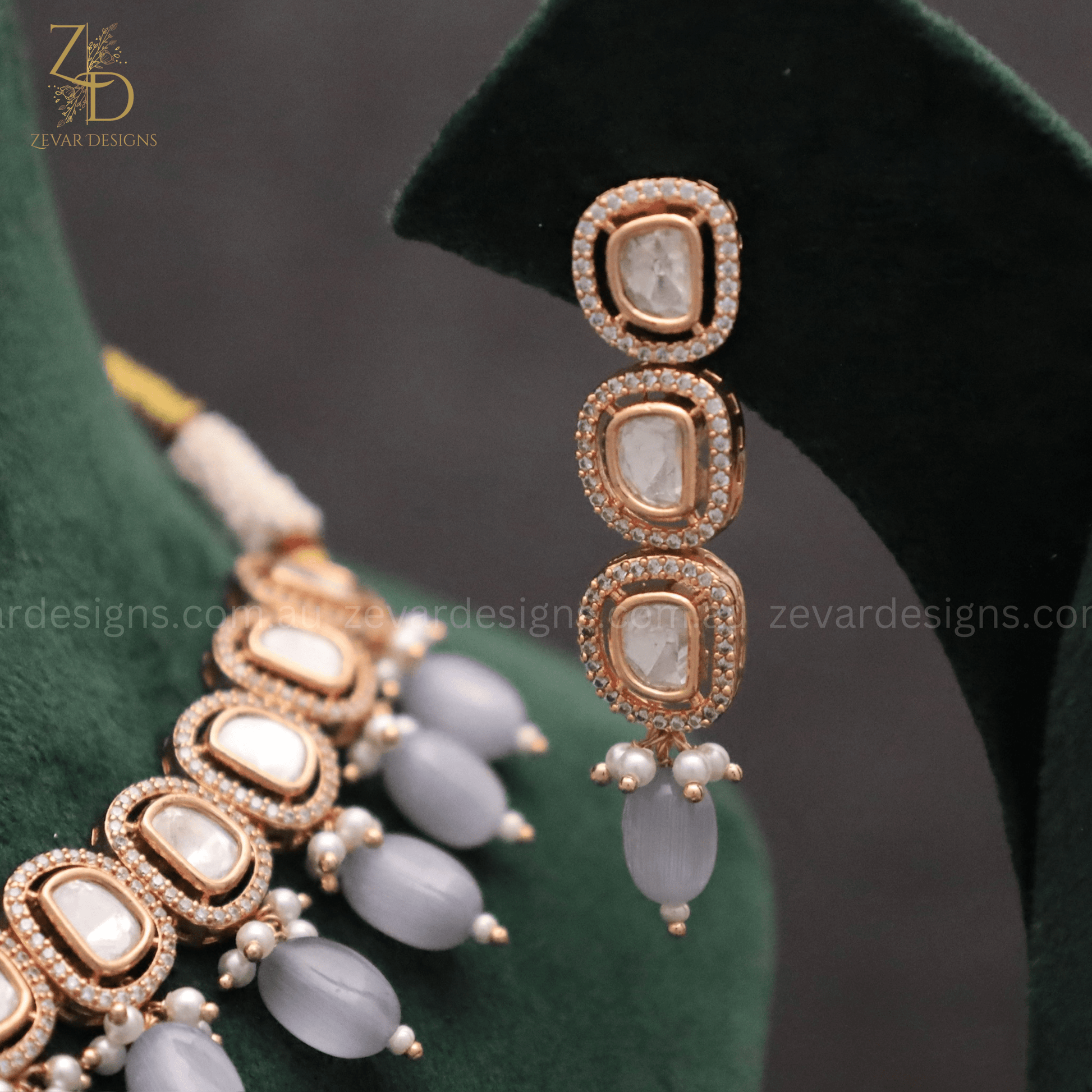 Zevar Designs Necklace Sets Uncut Polki Lightweight & Stylish AD Necklace Set - Grey