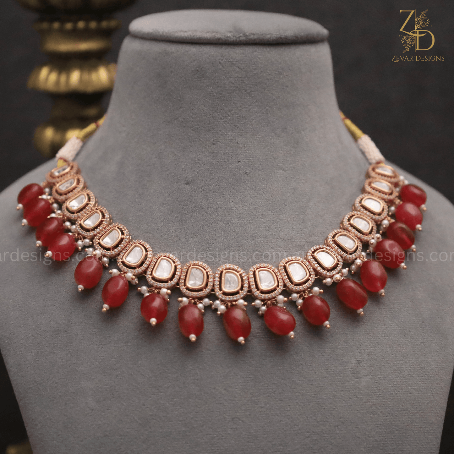 Zevar Designs Necklace Sets Uncut Polki Lightweight & Stylish AD Necklace Set - Ruby Red